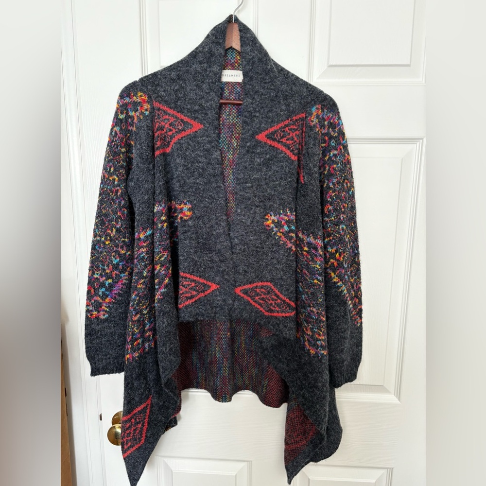 DREAMERS AZTEC DESIGN ASYMMETRIC BOHO GREY MULTICOLORED SOUTHWEST CARDIGAN SZ M